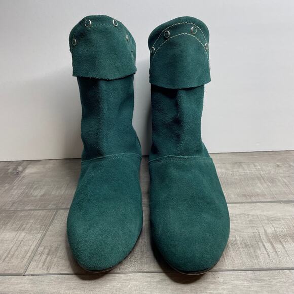 Vintage Hunter Green Suede Leather Point Toe Stud Peter Pan Ankle Boots sz 6 7 - Picture 2 of 10